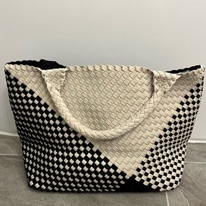 Neoprene lightweight woven tote bag in black and cream